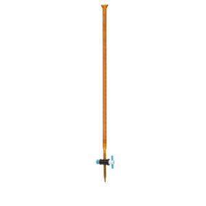 Burette ambrée à robinet droit en PTFE, avec entonnoir, classe A