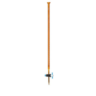 Burette ambrée à robinet droit en PTFE, avec entonnoir, classe A