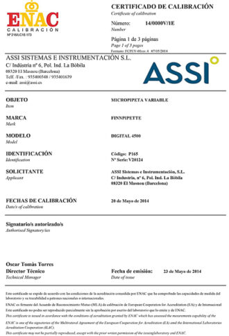 Certificat ENAC pour micropipettes de volume variable